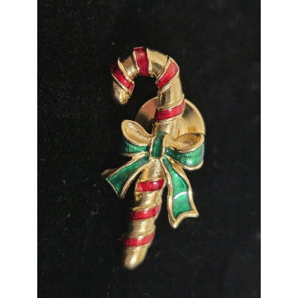 Vintage Avon Christmas Candy Cane Brooch Pin Gold Tone Enamel Bow